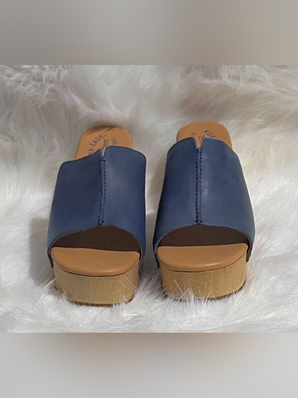 Kork-Ease NWOT Waone Leather Wood Wedge Platform Sandal Size 9 Blue/Grey - Picture 3 of 10